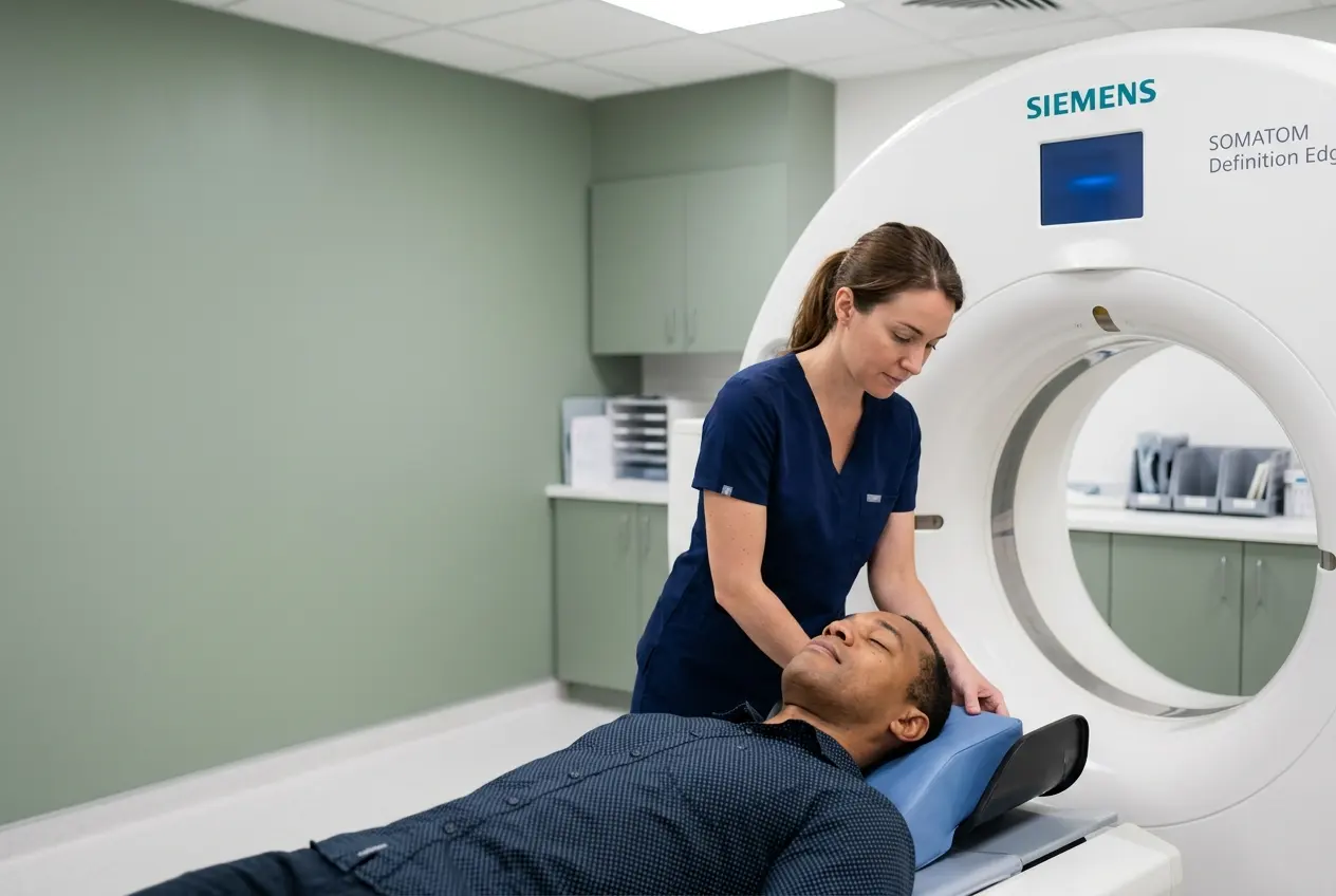 Installation d’un patient pour un examen scanner au centre CTRADIOLOGIE à Fort-de-France